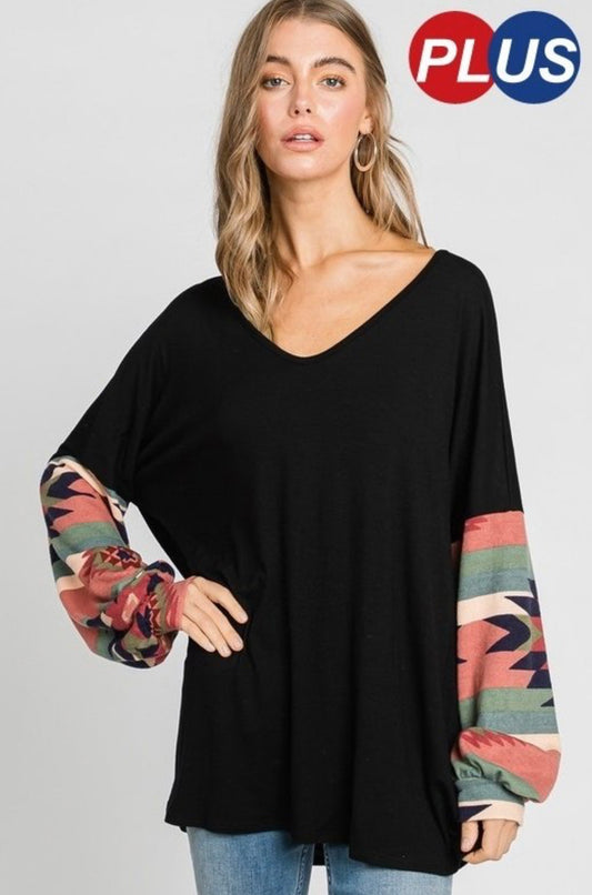 Patty Plus Black top with Aztec Puffed Sleeves