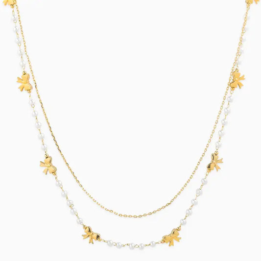Layered Pearl and Bow Necklace