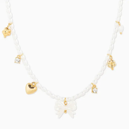Pearl and White Bow Charm Necklace