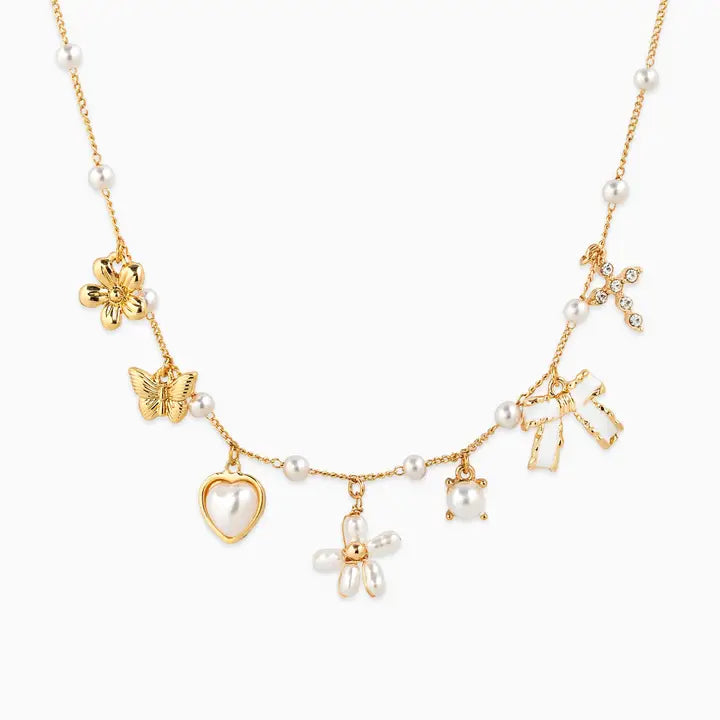 Pearls Bows and Flowers Charm Necklace